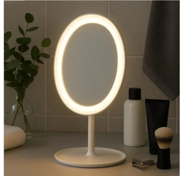 Espejo de maquillaje ovalado con luz LED en pie